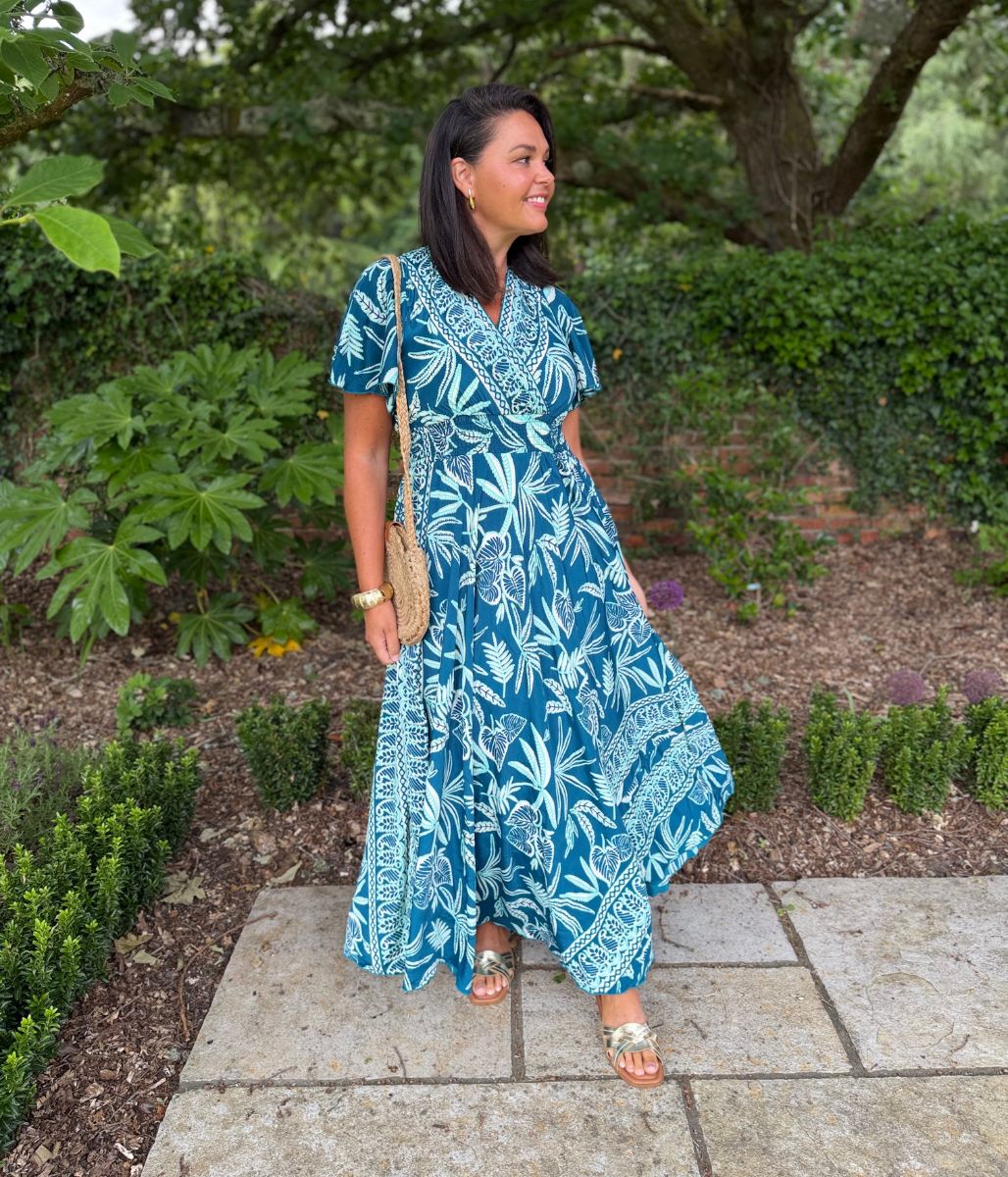 Marrakesh Teal Angel Sleeve Shirred Maxi Dress - Image 3