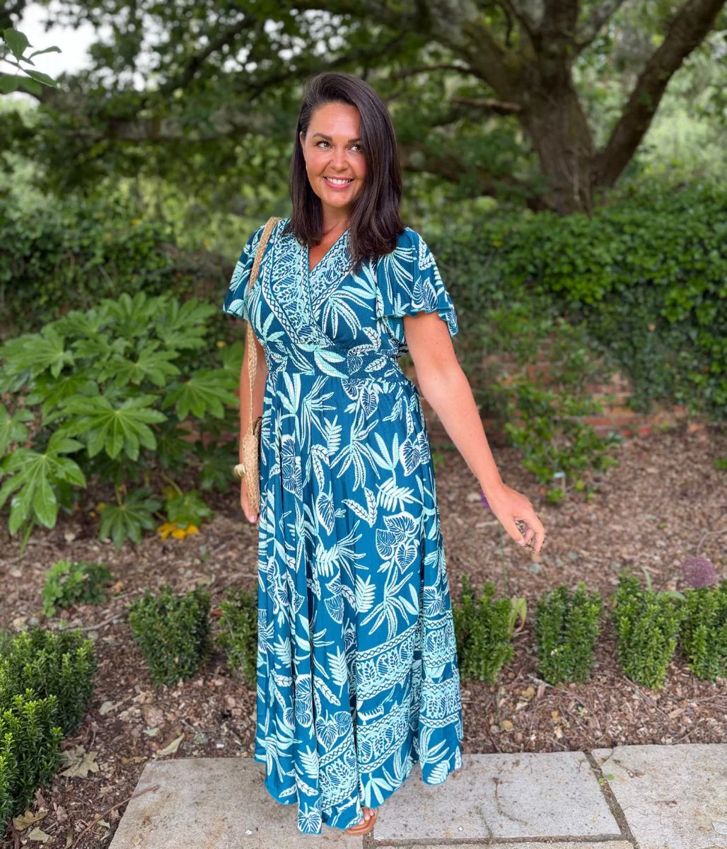 Marrakesh Teal Angel Sleeve Shirred Maxi Dress - Image 4
