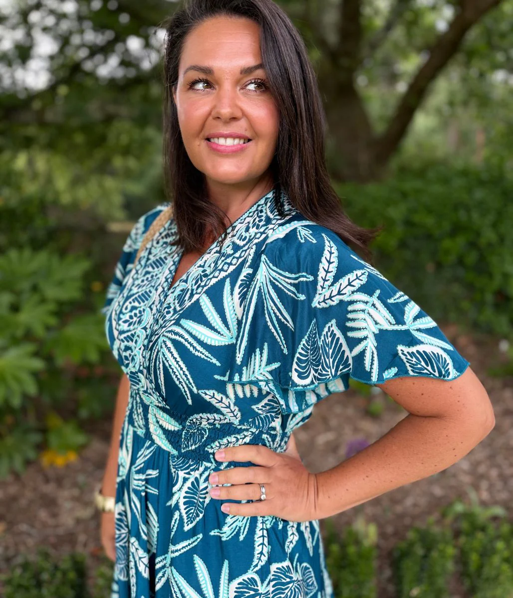 Marrakesh Teal Angel Sleeve Shirred Maxi Dress - Image 5