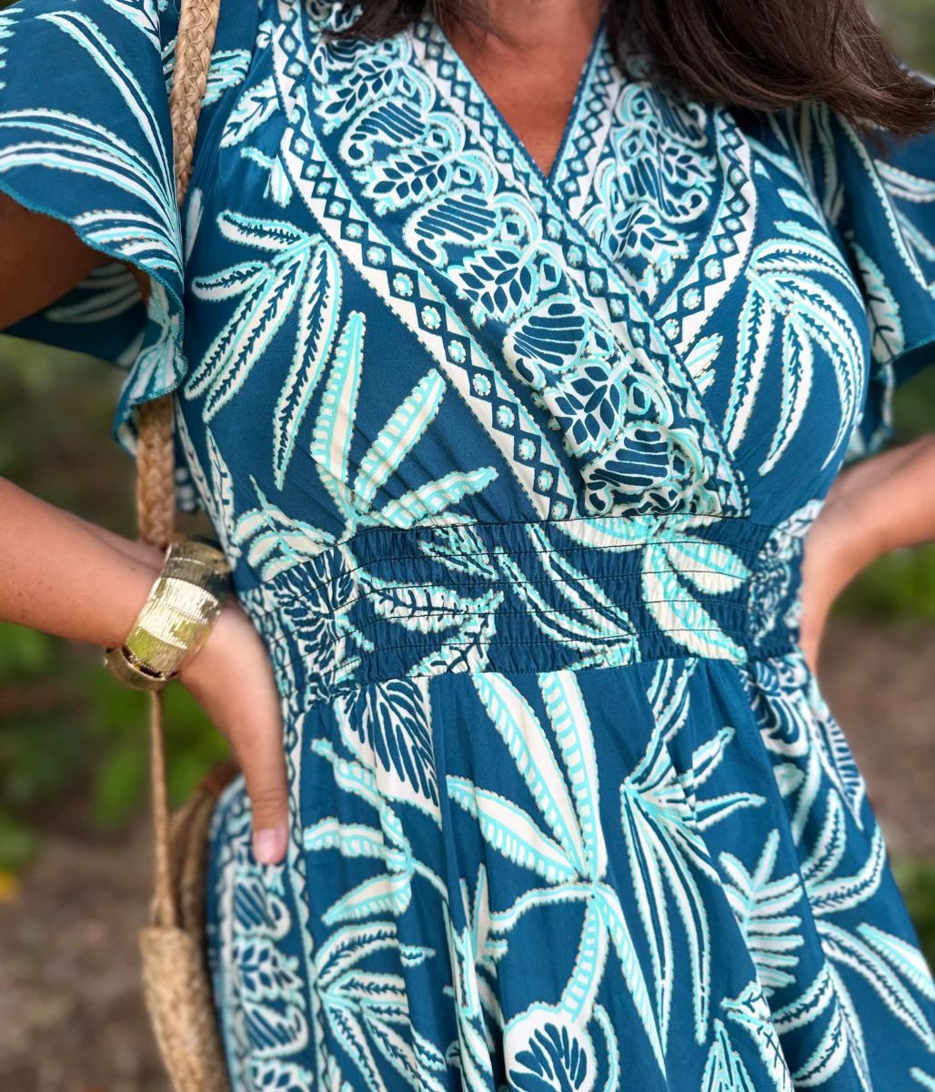 Marrakesh Teal Angel Sleeve Shirred Maxi Dress - Image 7
