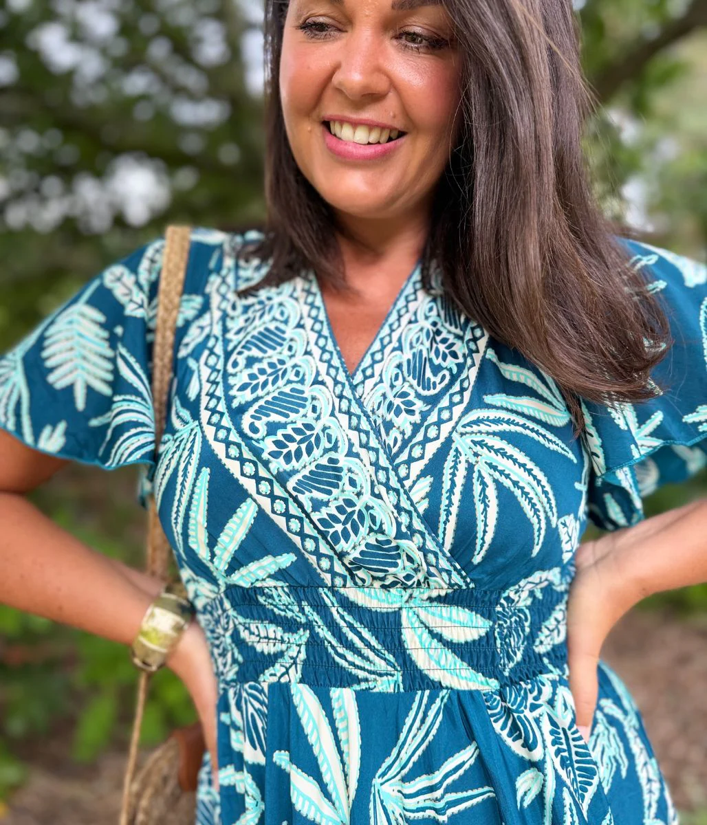 Marrakesh Teal Angel Sleeve Shirred Maxi Dress - Image 9