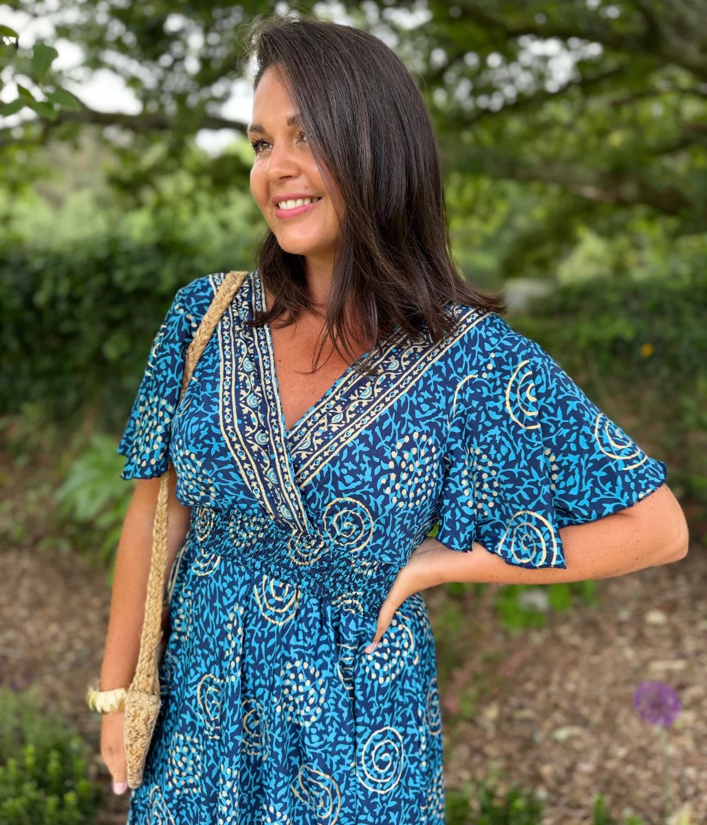 Medina Blue Shirred Waist Midi Dress - Image 10
