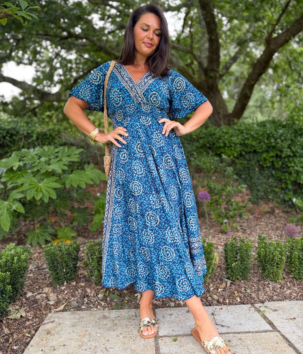 Medina Blue Shirred Waist Midi Dress - Image 11