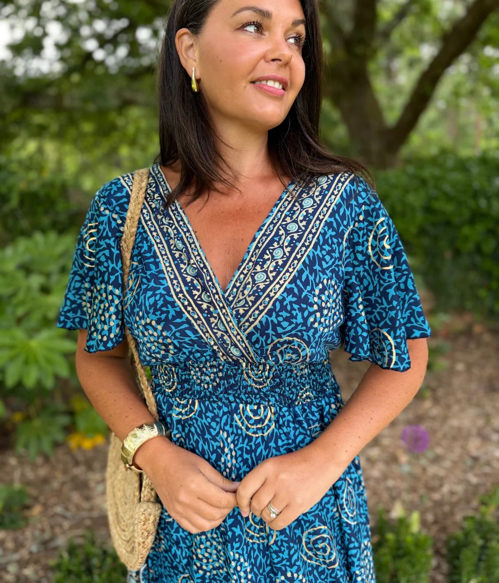 Medina Blue Shirred Waist Midi Dress - Image 12