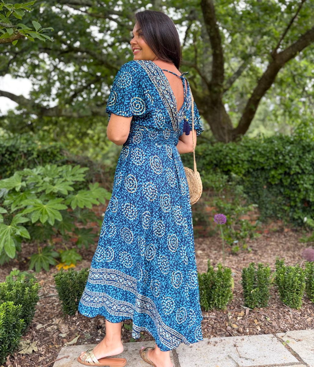 Medina Blue Shirred Waist Midi Dress - Image 3