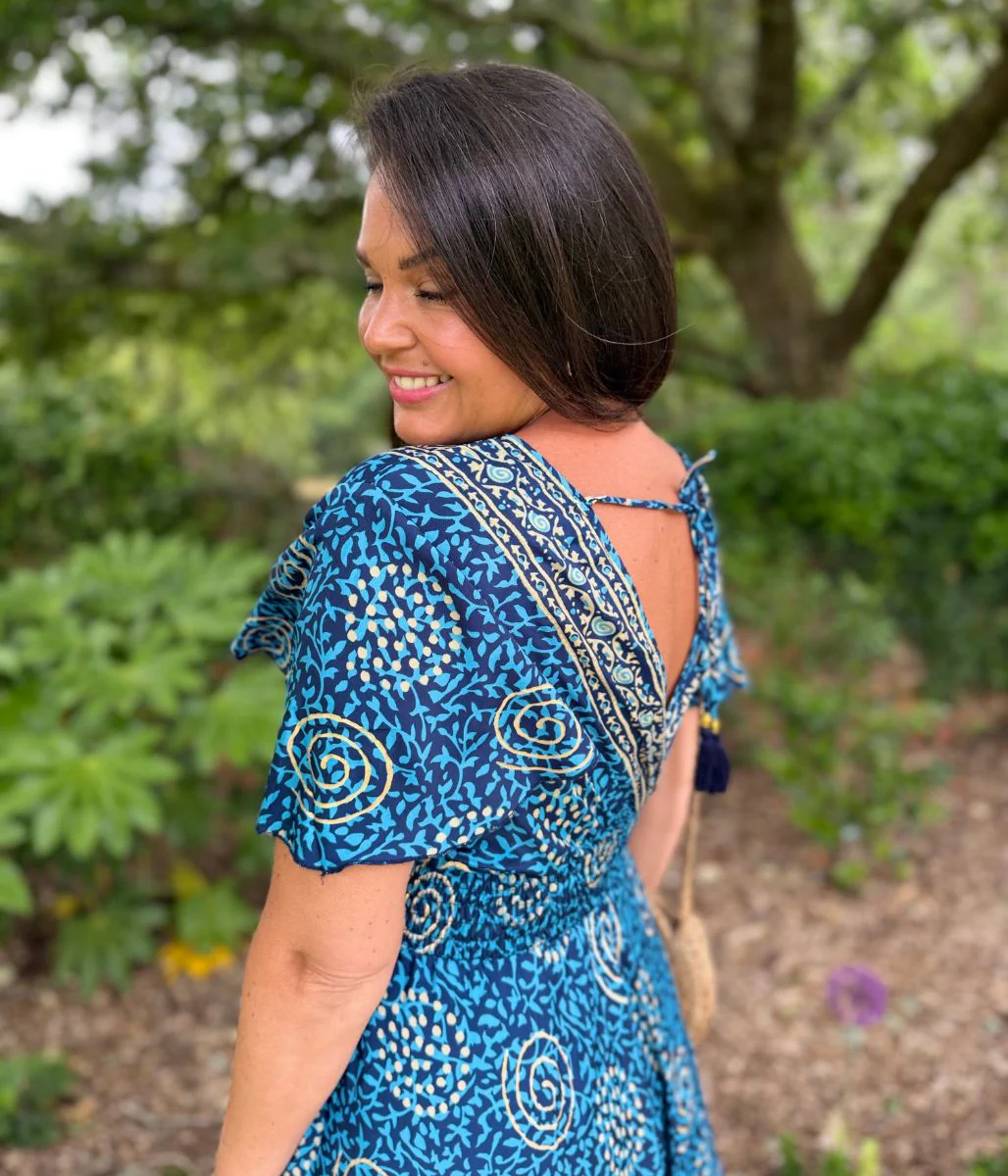 Medina Blue Shirred Waist Midi Dress - Image 4