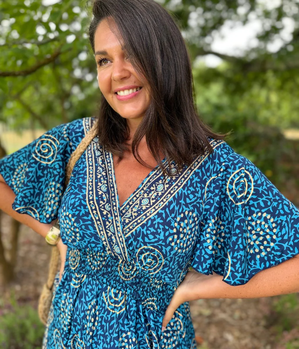 Medina Blue Shirred Waist Midi Dress - Image 6