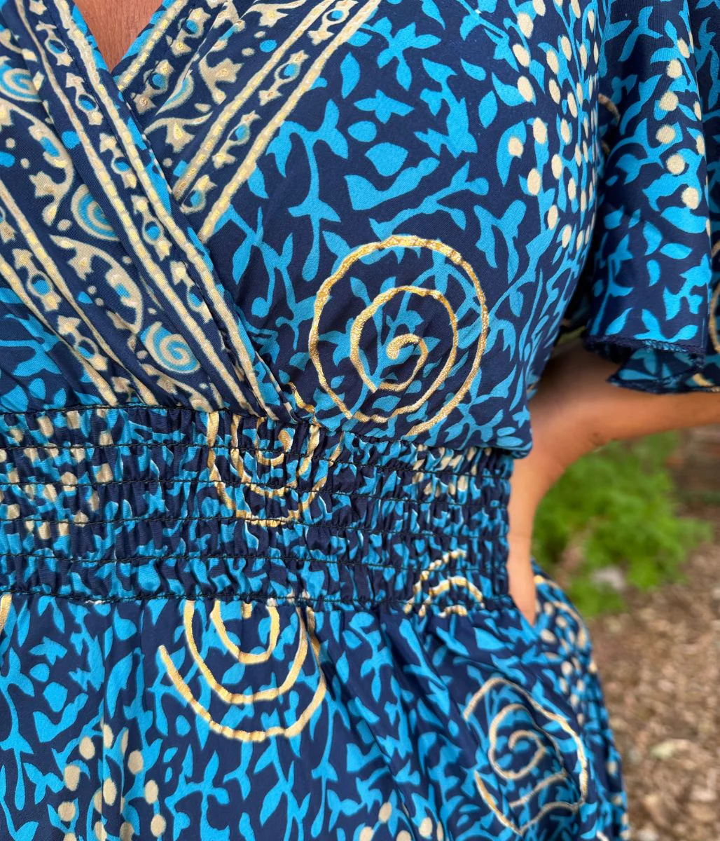 Medina Blue Shirred Waist Midi Dress - Image 8