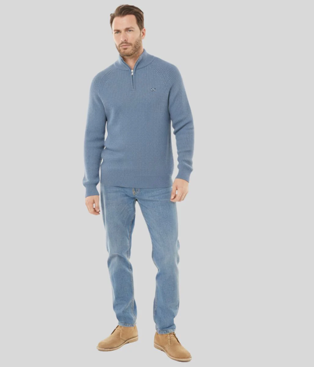 Mens Blue Ribbed Fisherman 1/4 Zip Jumper - Image 2