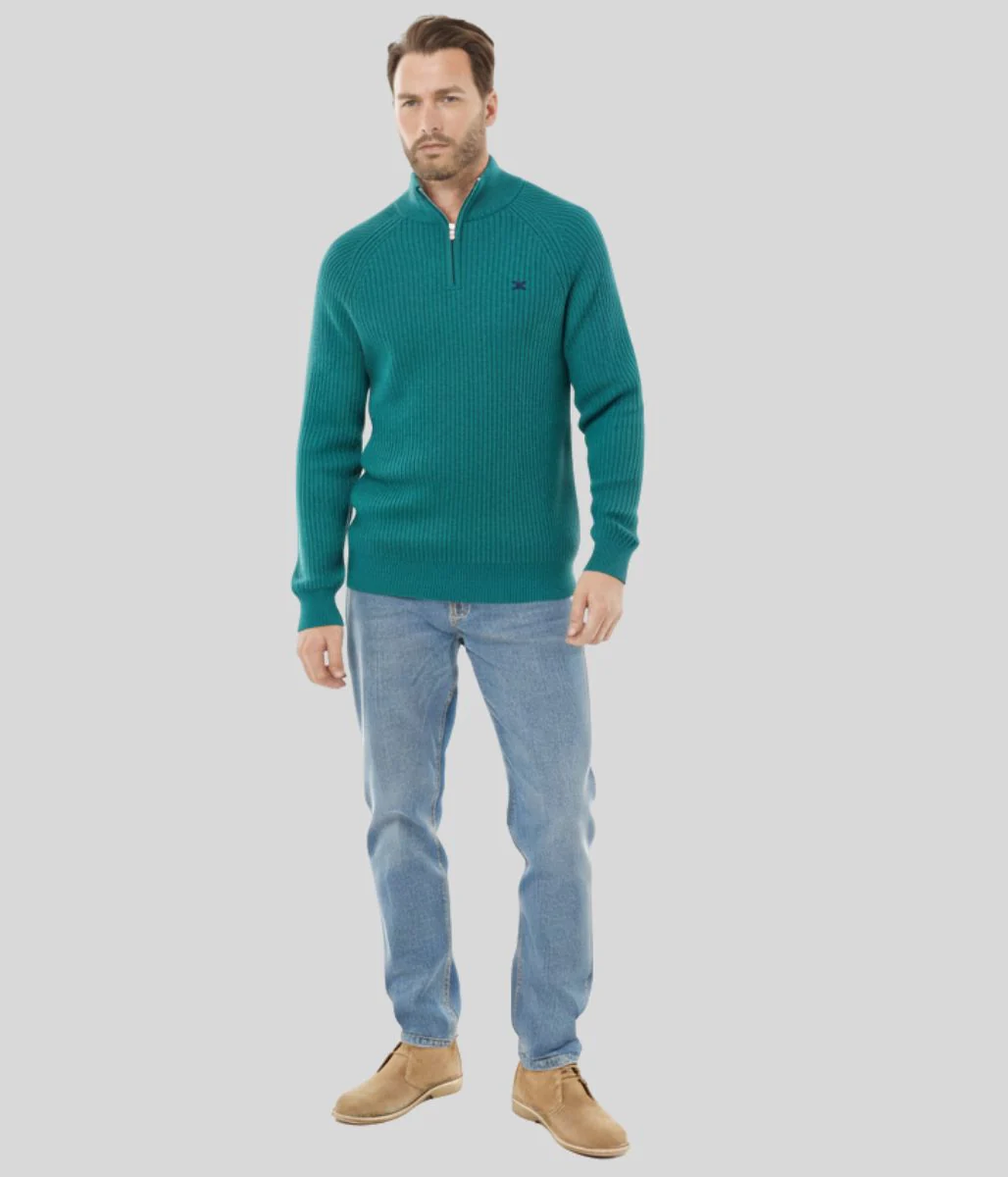 Mens Green Ribbed Fisherman 1/4 Zip Jumper - Image 2