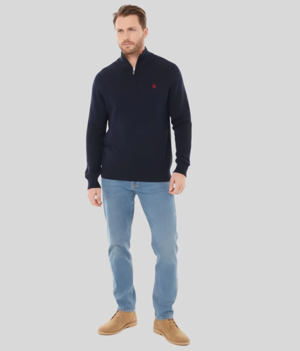 Mens Navy Ribbed Fisherman 1/4 Zip Jumper - Image 3