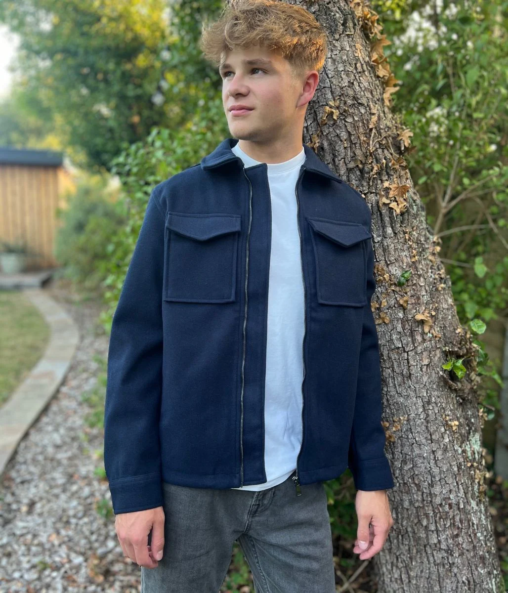 Mens Patch Pocket Zip Through Collared Navy Blue Jacket - Image 11