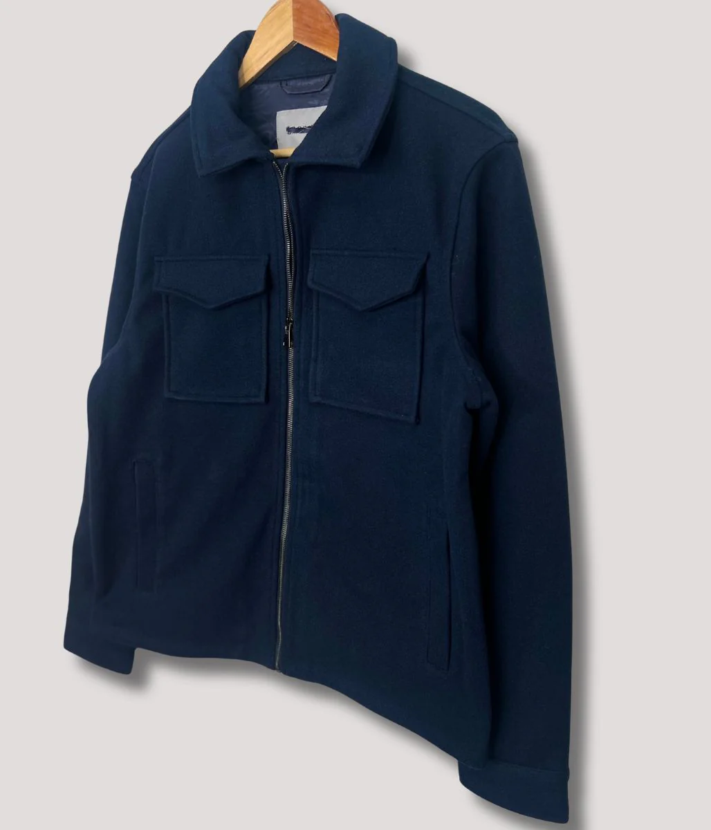Mens Patch Pocket Zip Through Collared Navy Blue Jacket - Image 12