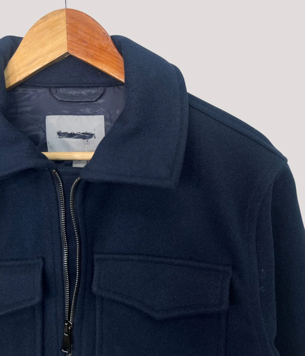 Mens Patch Pocket Zip Through Collared Navy Blue Jacket - Image 13