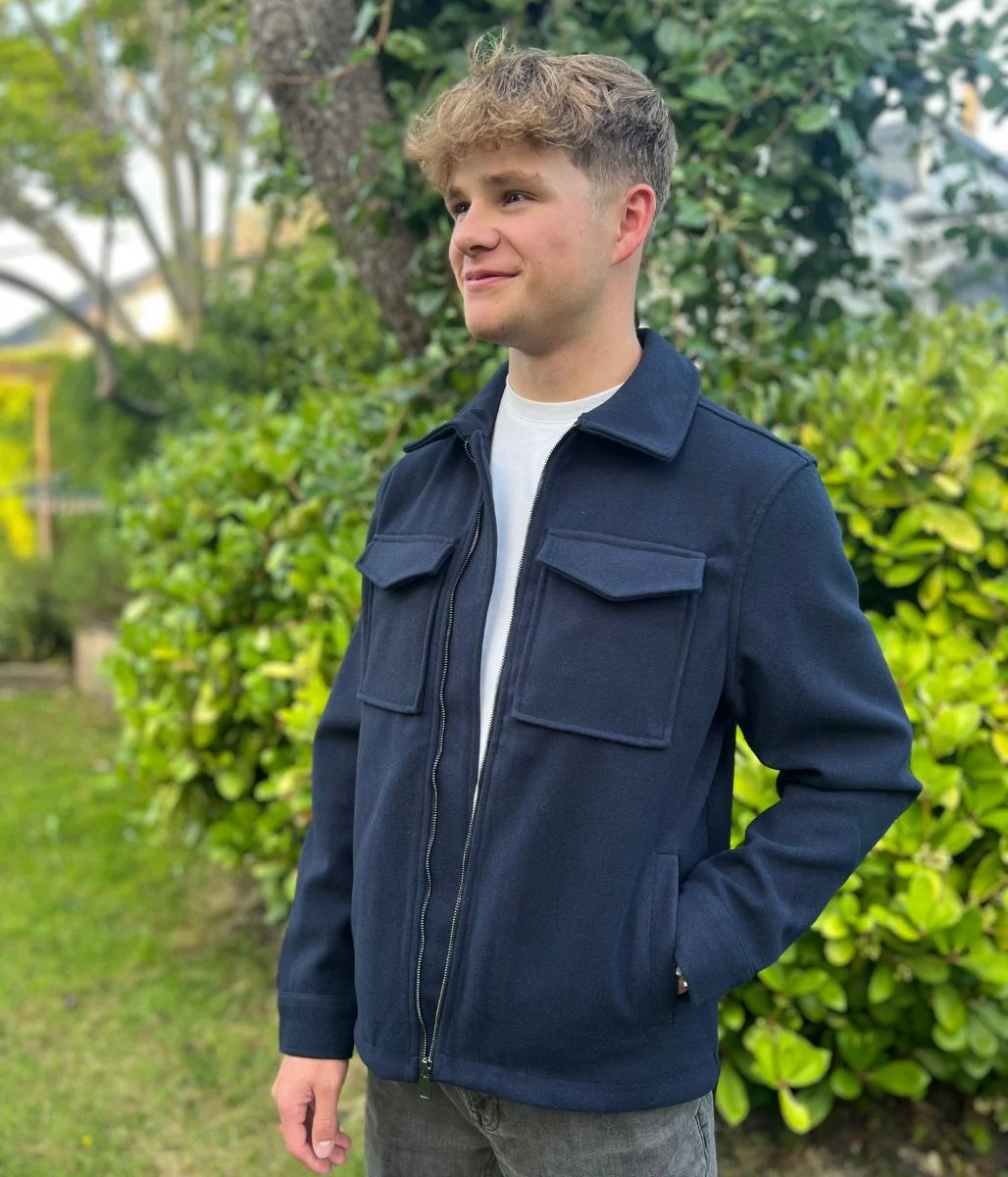 Mens Patch Pocket Zip Through Collared Navy Blue Jacket - Image 3
