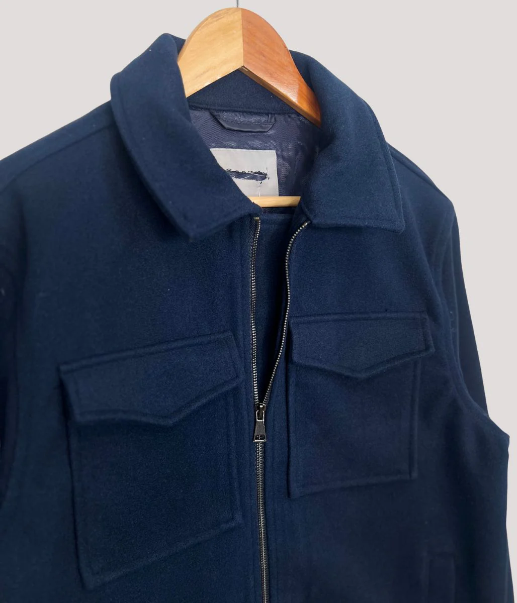 Mens Patch Pocket Zip Through Collared Navy Blue Jacket - Image 4