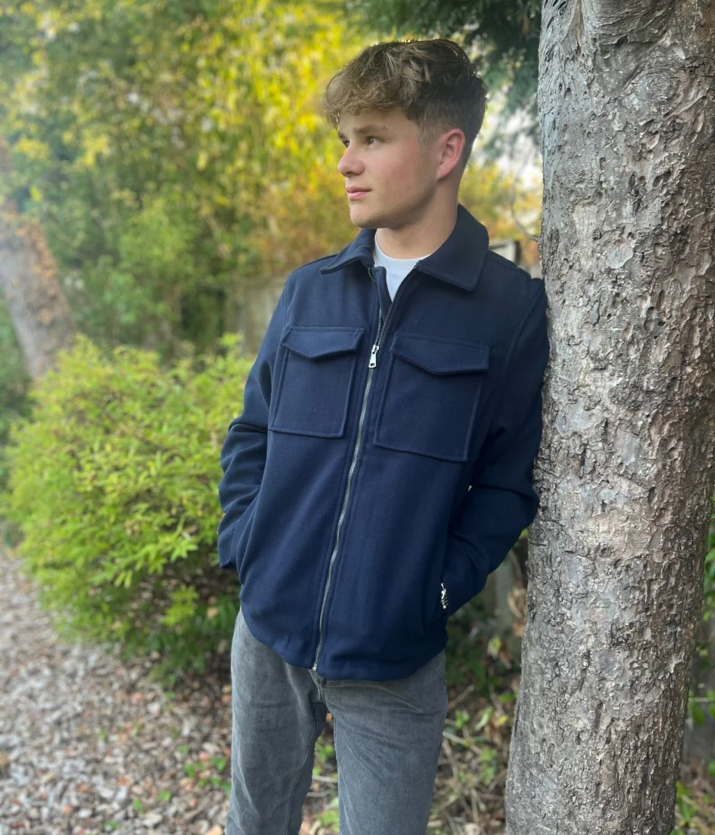 Mens Patch Pocket Zip Through Collared Navy Blue Jacket - Image 7