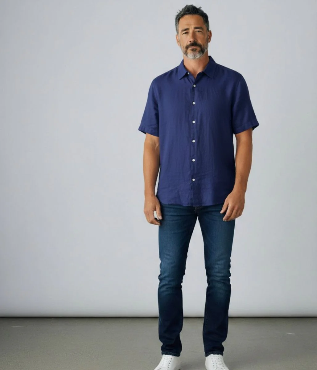 Mens Navy Short Sleeve Linen Shirt