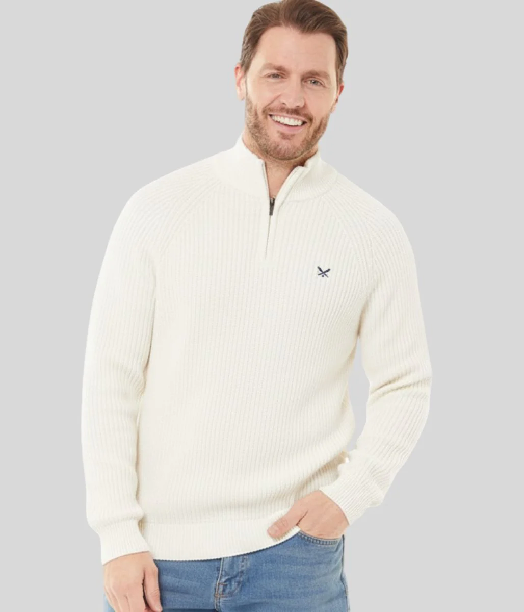 Mens Oatmeal Ribbed Fisherman 1/4 Zip Jumper