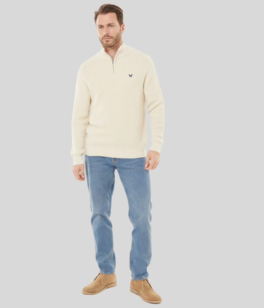 Mens Oatmeal Ribbed Fisherman 1/4 Zip Jumper - Image 3