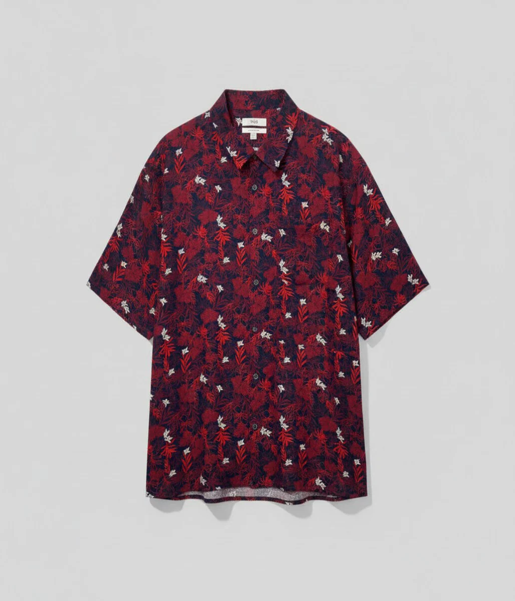 Mens Red Printed Short Sleeve Linen Shirt