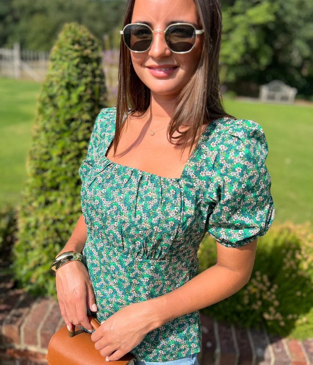 Micro Ditsy Floral Print Green Blouse - Image 6