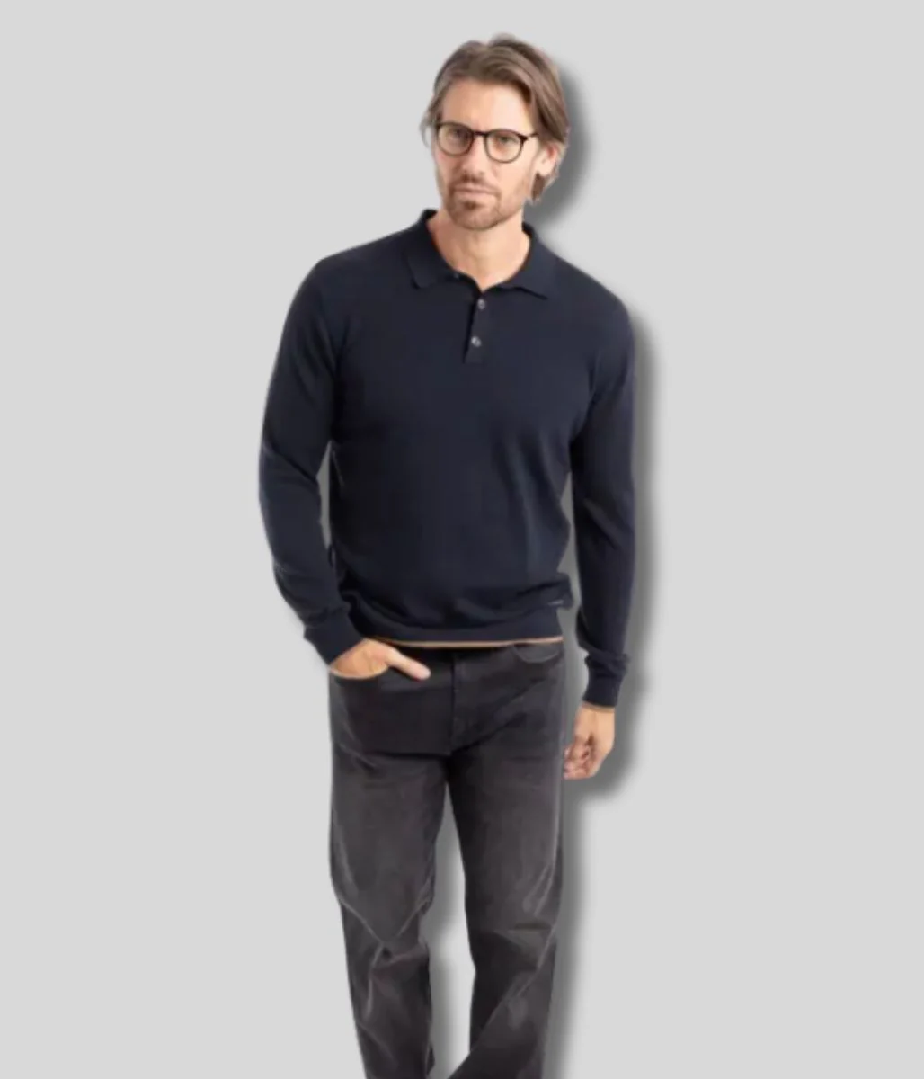 Midnight Blue Alden Long Sleeve Knitted Polo - Image 4