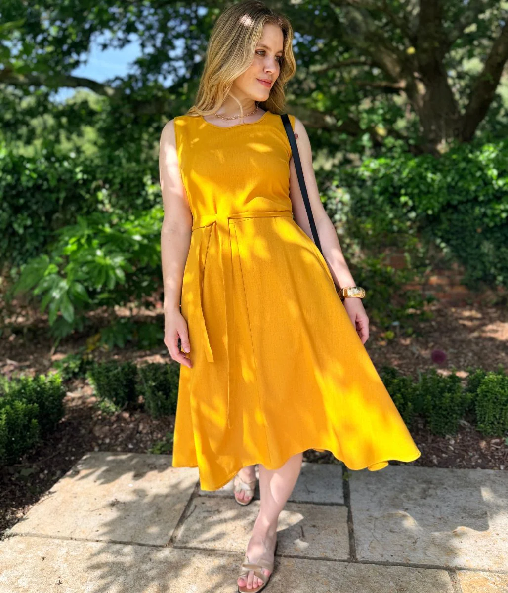 Mustard Sleeveless Belted Linen Blend Midi Dress - Image 3