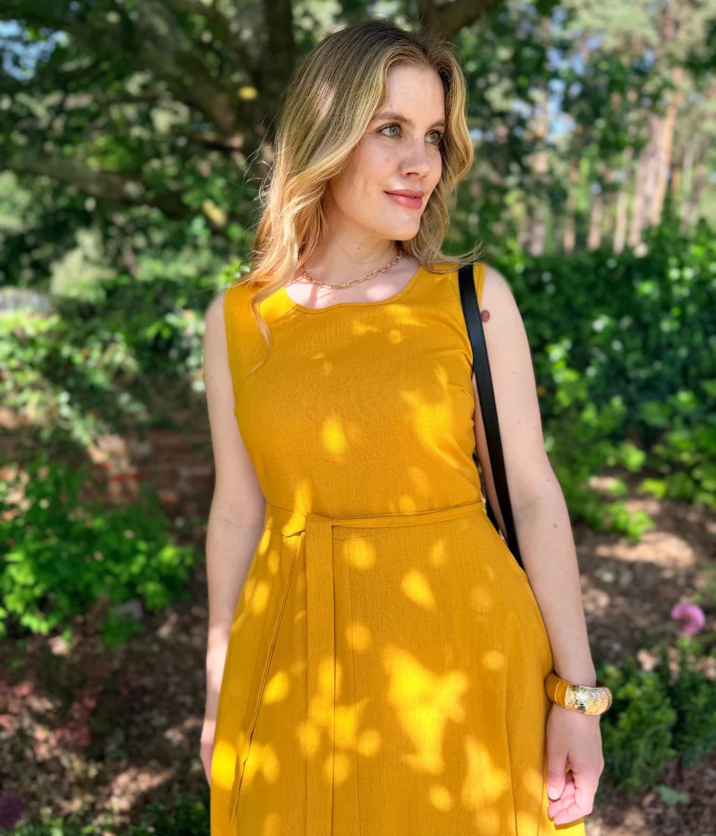 Mustard Sleeveless Belted Linen Blend Midi Dress - Image 4