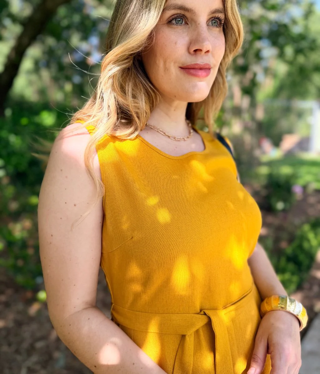 Mustard Sleeveless Belted Linen Blend Midi Dress - Image 7