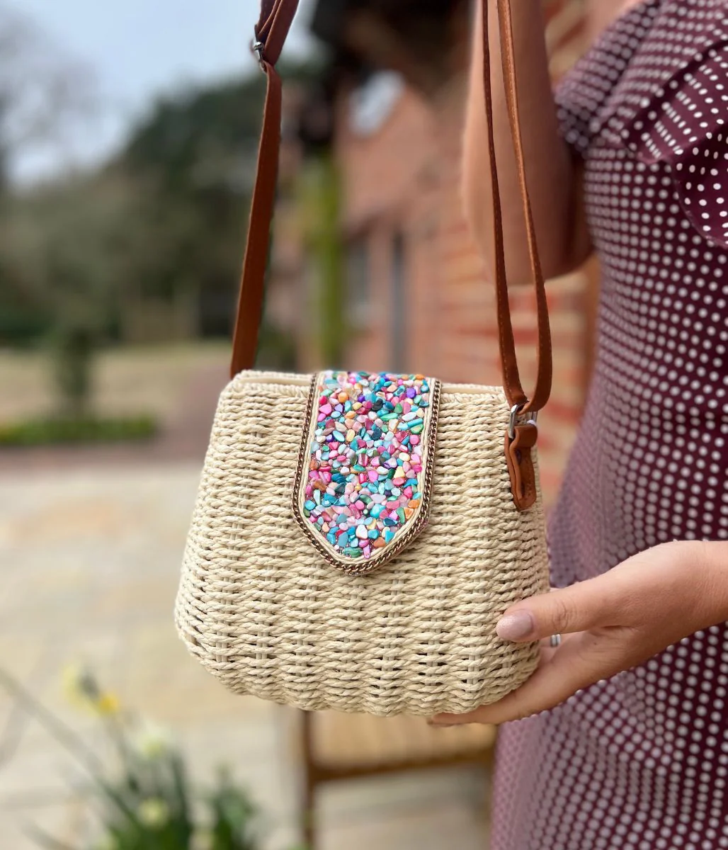 Natural Jessica Raffia Beaded Basket Weave Bag - Image 2
