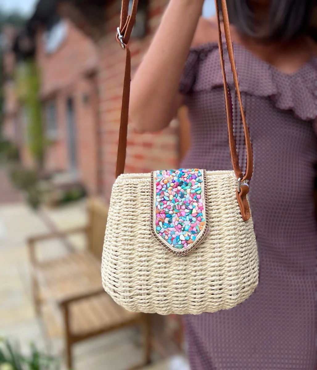 Natural Jessica Raffia Beaded Basket Weave Bag - Image 3