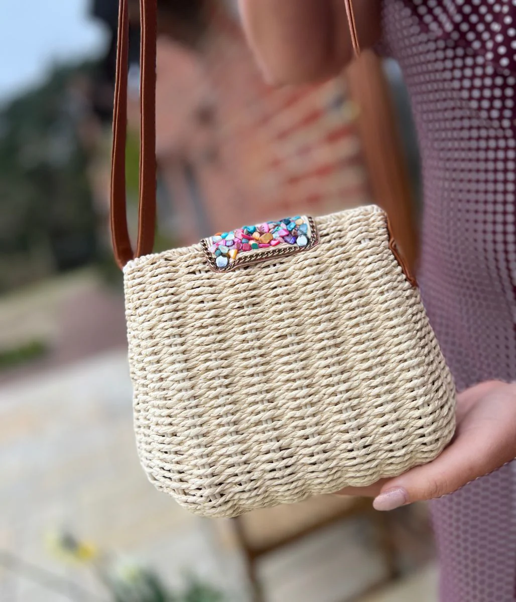 Natural Jessica Raffia Beaded Basket Weave Bag - Image 4