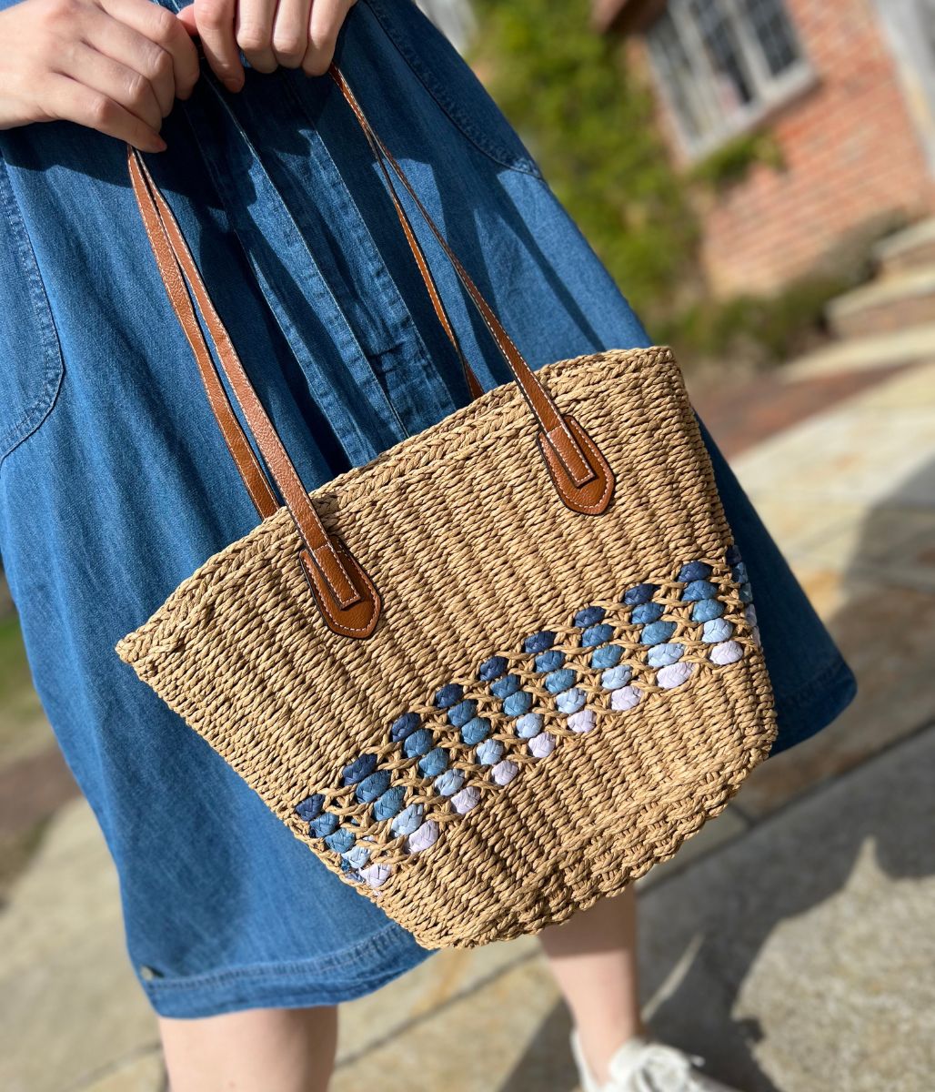 Natural Raffia Blue Weave Shopper Bag