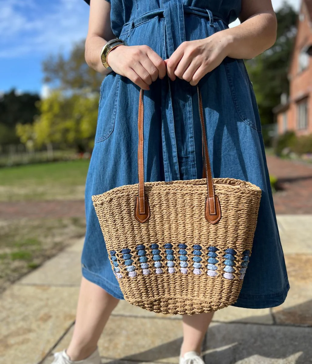 Natural Raffia Blue Weave Shopper Bag - Image 2
