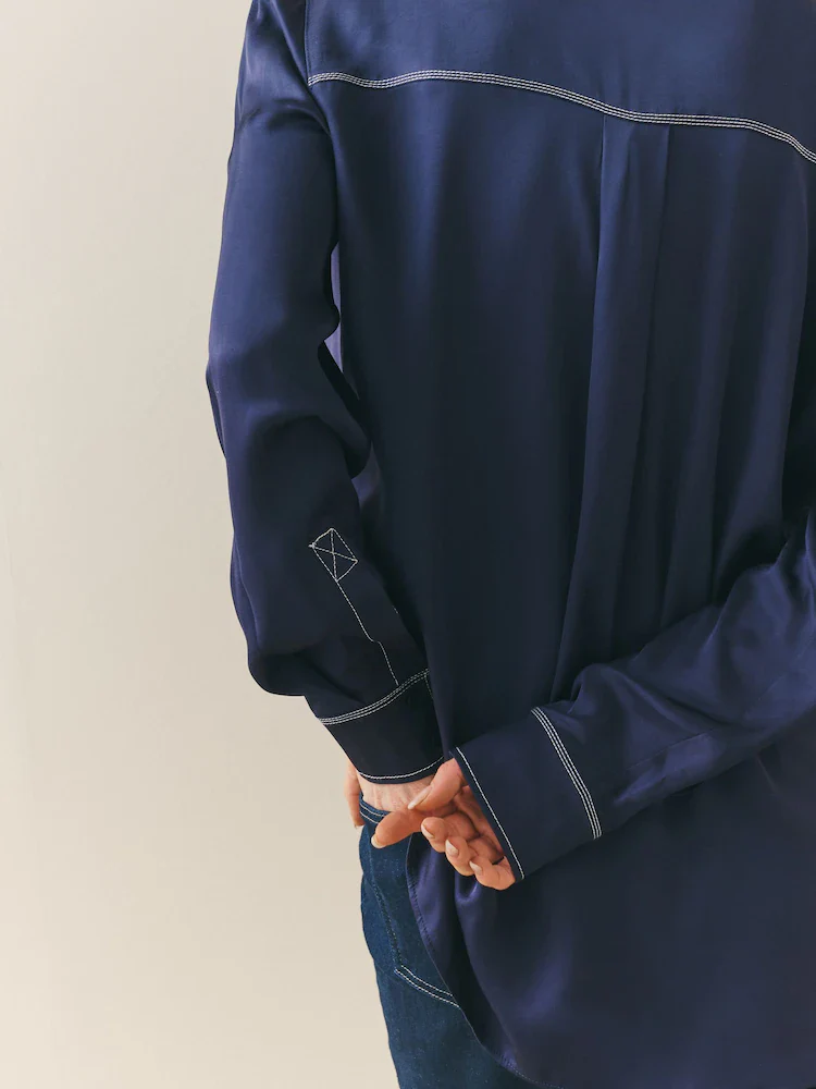 Navy Contrast Stitch Satin Shirt - Image 4