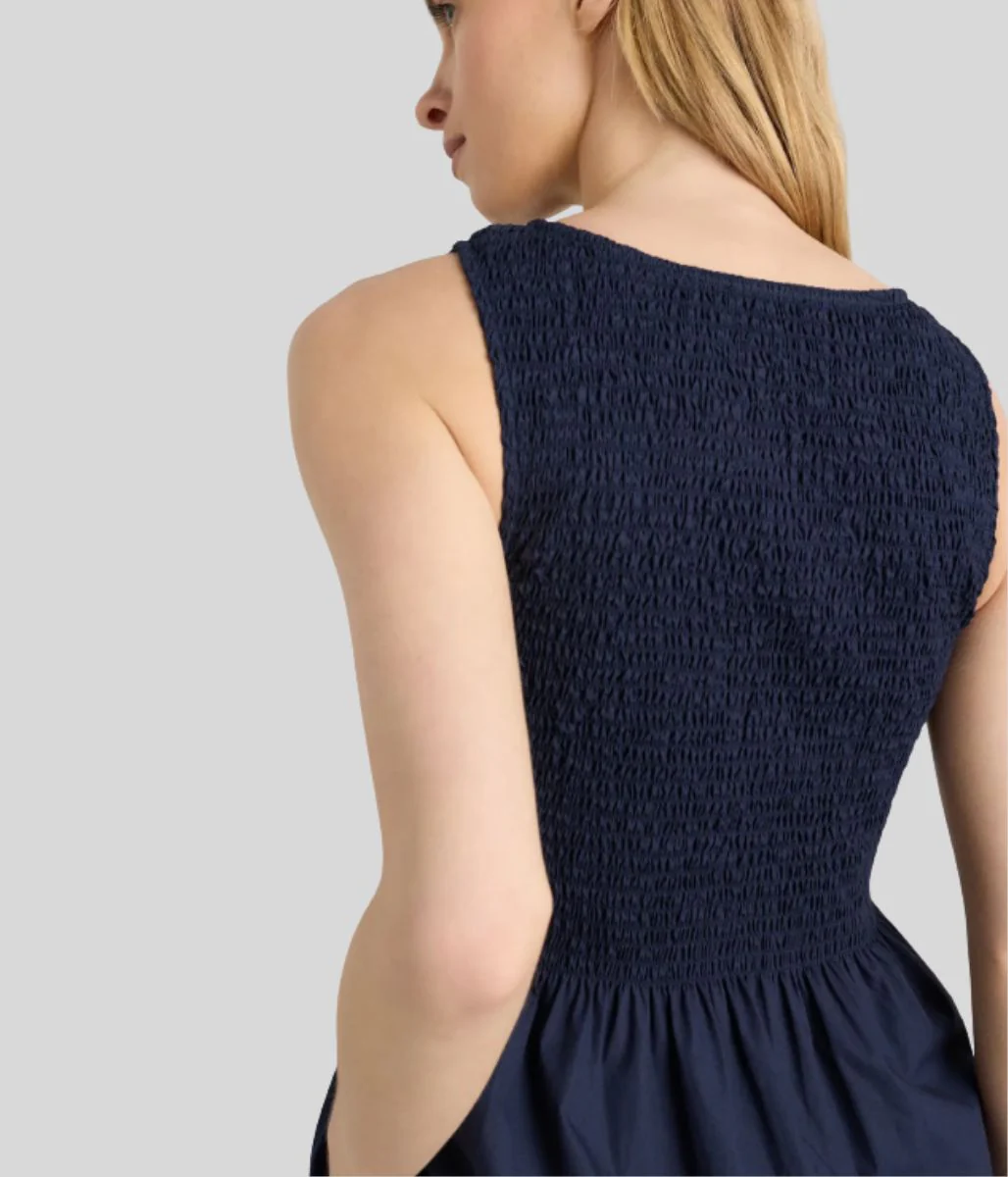 Navy Cotton Poplin Shirred Dress - Image 10