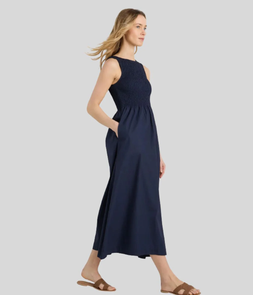 Navy Cotton Poplin Shirred Dress - Image 11