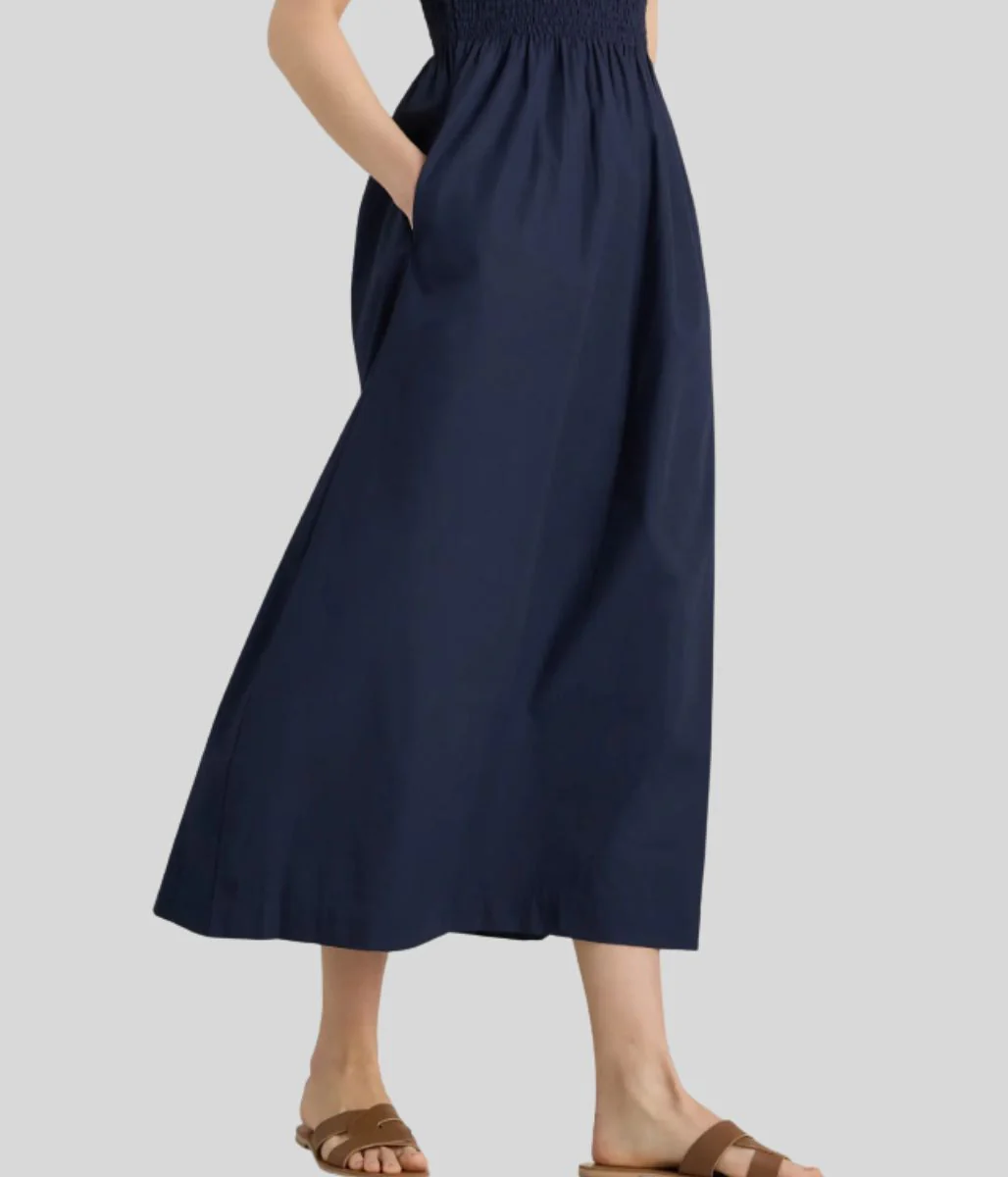 Navy Cotton Poplin Shirred Dress - Image 12