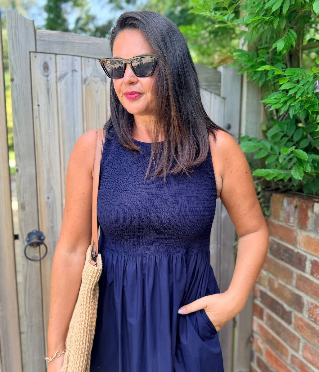 Navy Cotton Poplin Shirred Dress - Image 2