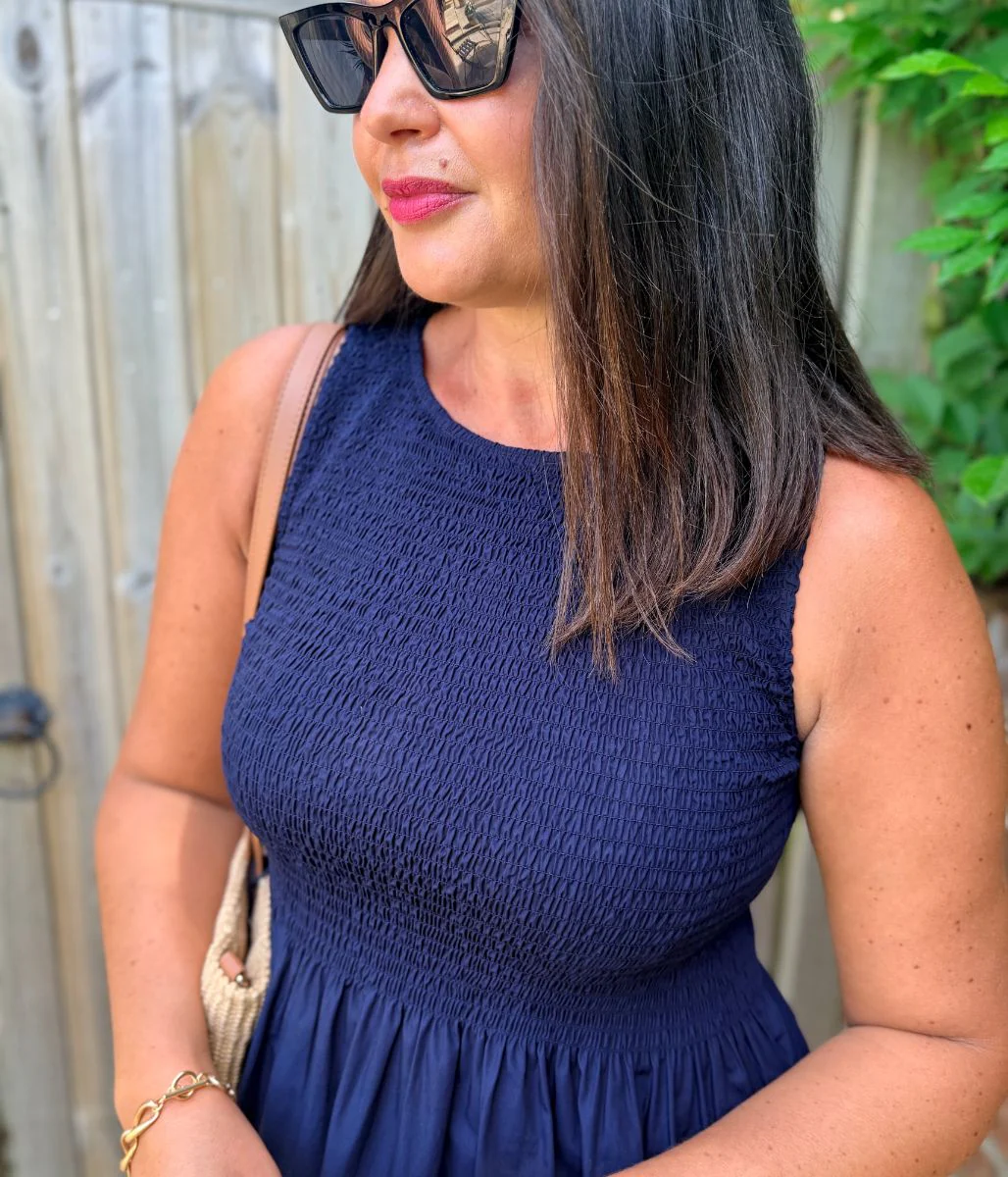 Navy Cotton Poplin Shirred Dress - Image 3
