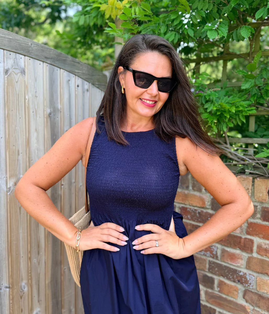 Navy Cotton Poplin Shirred Dress - Image 4