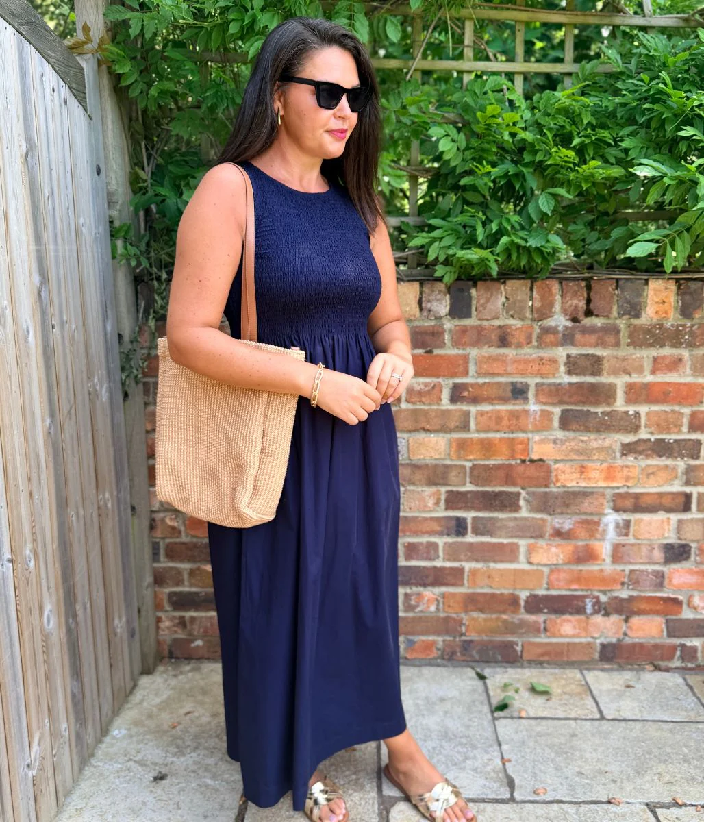 Navy Cotton Poplin Shirred Dress - Image 5