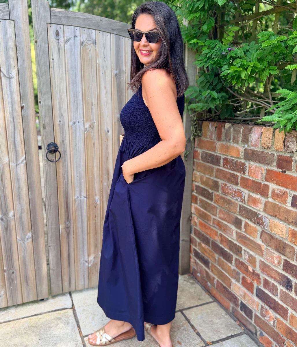 Navy Cotton Poplin Shirred Dress - Image 6