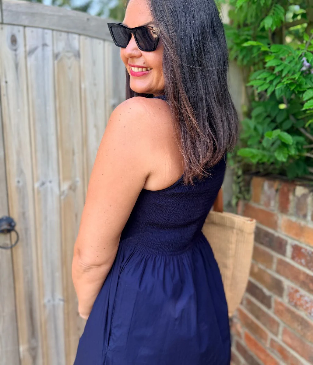 Navy Cotton Poplin Shirred Dress - Image 7