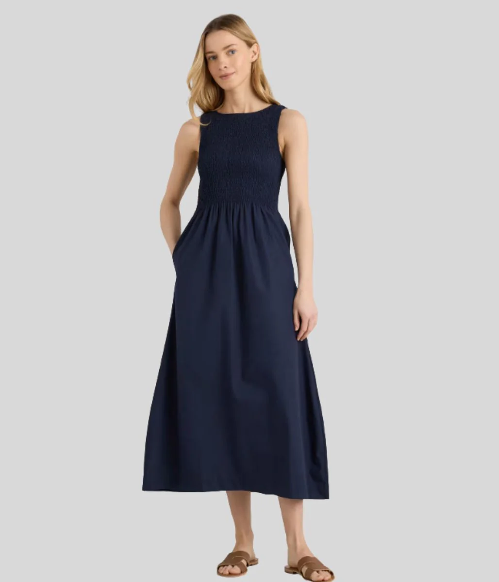 Navy Cotton Poplin Shirred Dress - Image 8