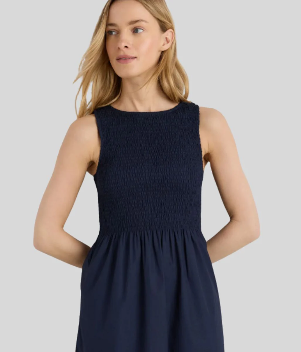 Navy Cotton Poplin Shirred Dress - Image 9