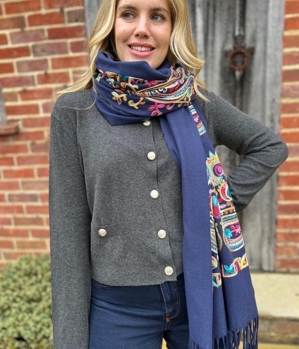 Navy Embroidered Cashmere Blend Scarf - Image 5