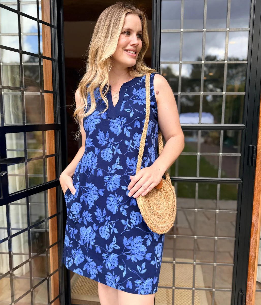 Navy Floral Jersey Notch Neck Dress