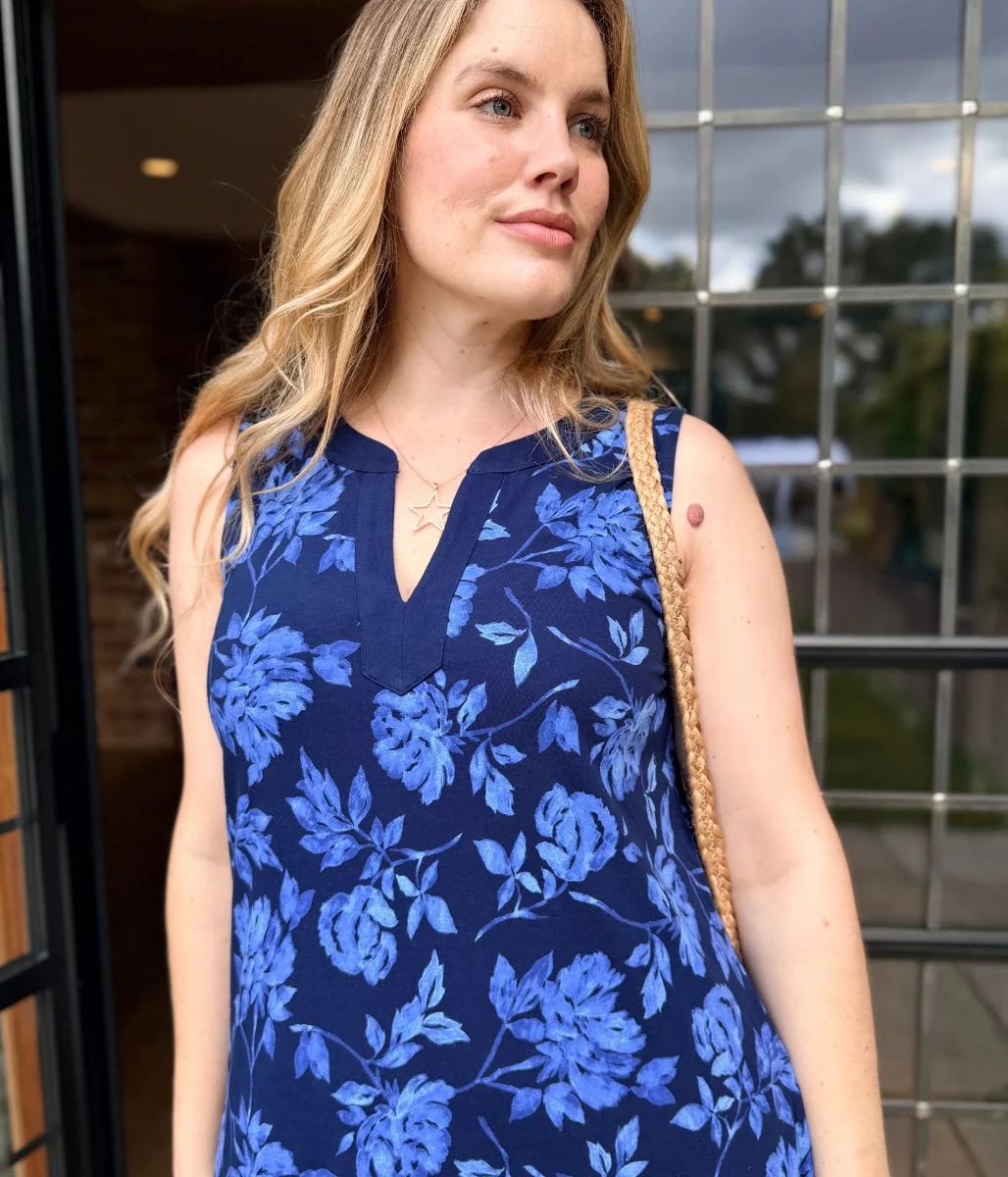 Navy Floral Jersey Notch Neck Dress - Image 2